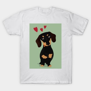 Cute Cartoon Dachshund with Three Red Hearts T-Shirt